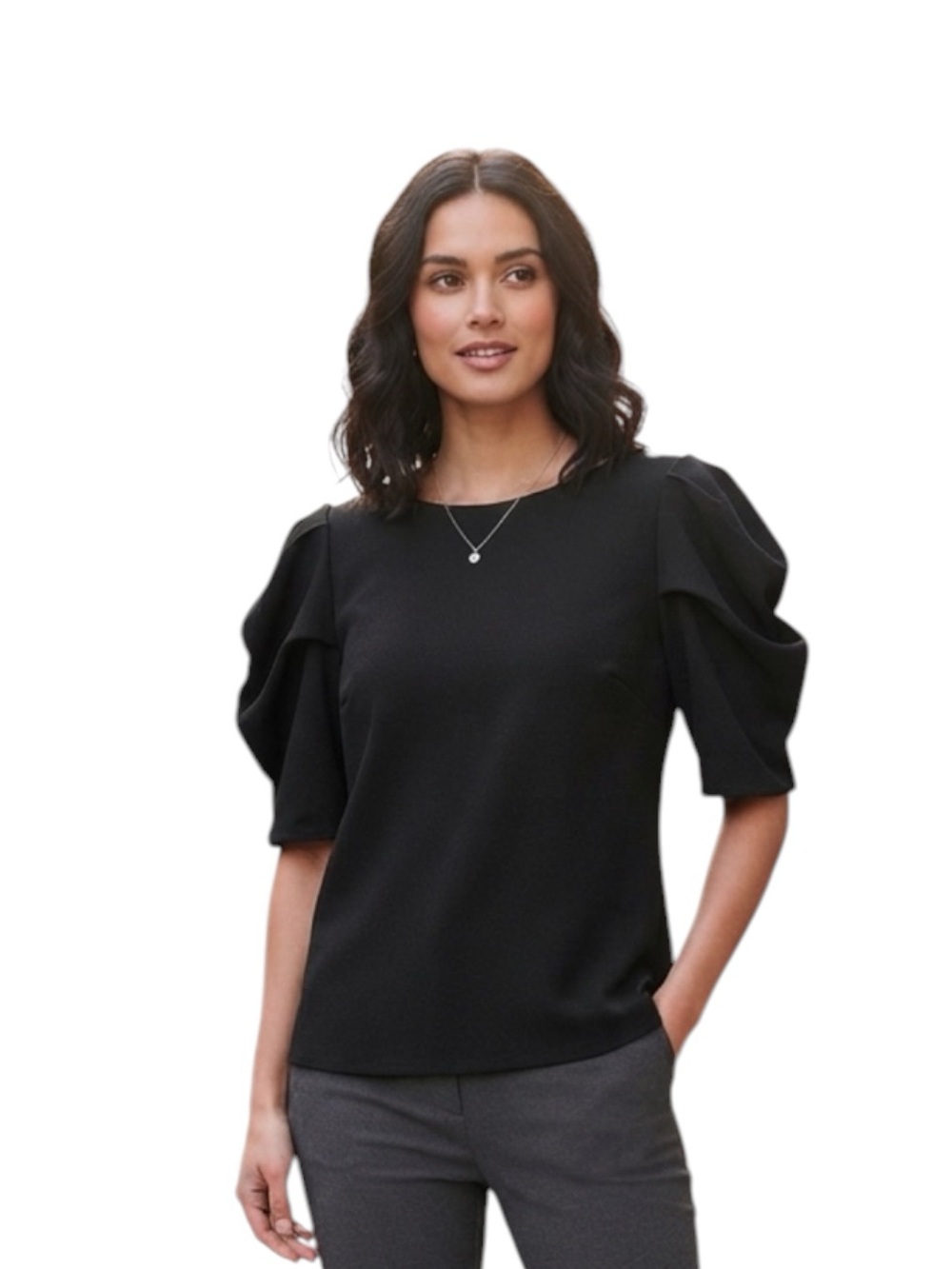Catherine Malandrino Black Puff-Sleeve Crewneck Blouse Size M
